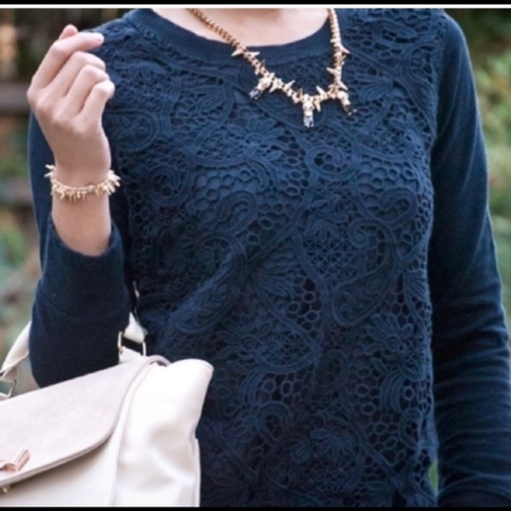 J.Crew Lace Front Sweatshirt Navy‎ XXS